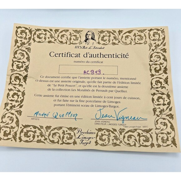 VINTAGE Le Petit Poucet (Tom Thumb) Limoges-Turgot 8" Collector Plate 1984 w/COA - Picture 4 of 5